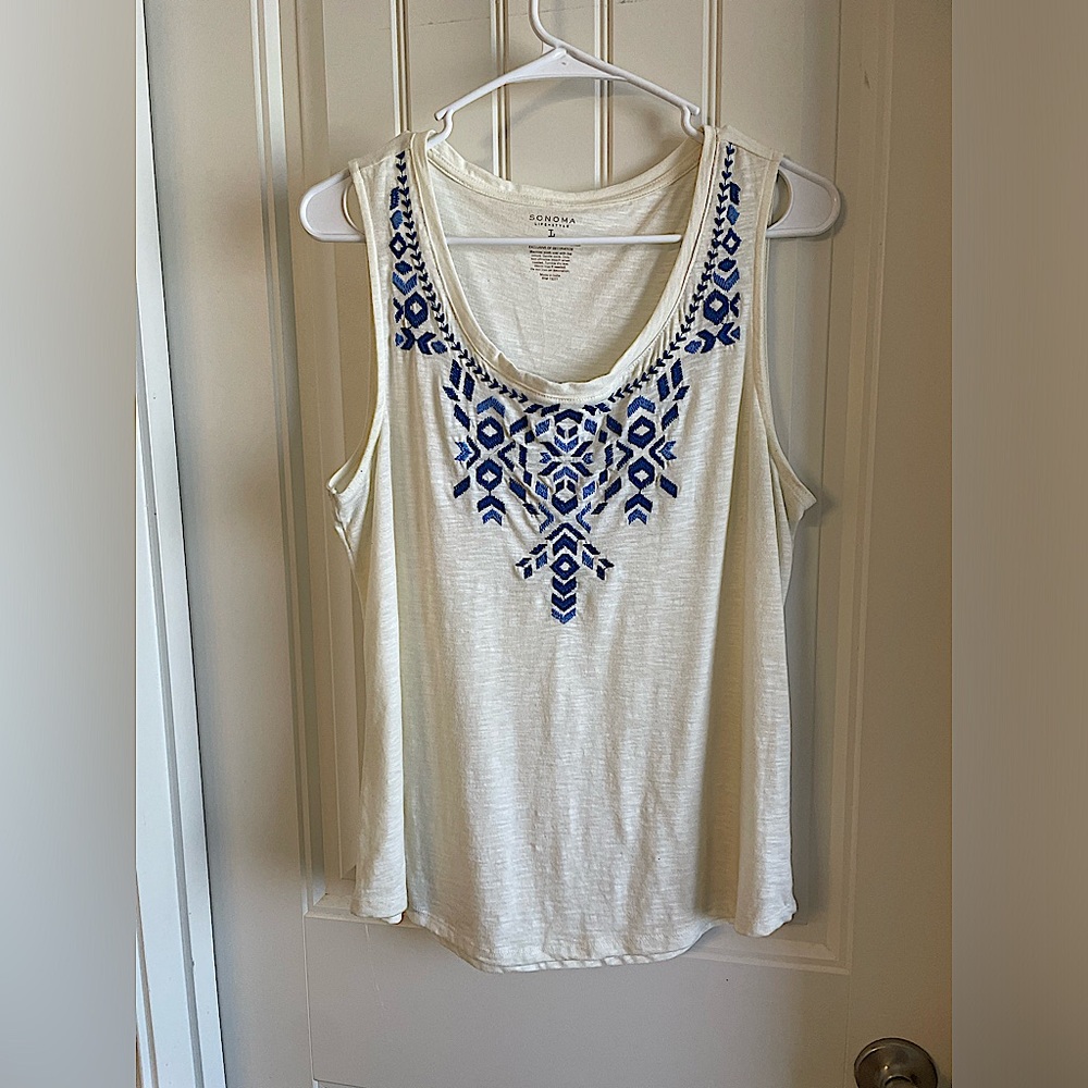 Sonoma white tank top with blue detail.